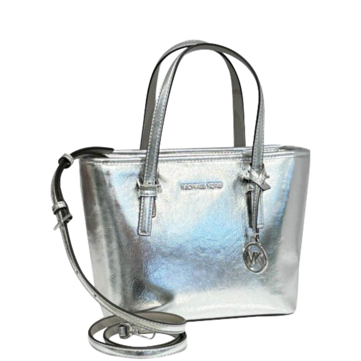 Bolsa Michael Kors Jet Set Travel Extra-Small Metallic Top-Zip Tote Bag Silver