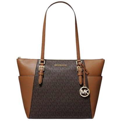 Bolsa Michael Kors Charlotte Large Logo and Leather Top-Zip Tote Bag Brown