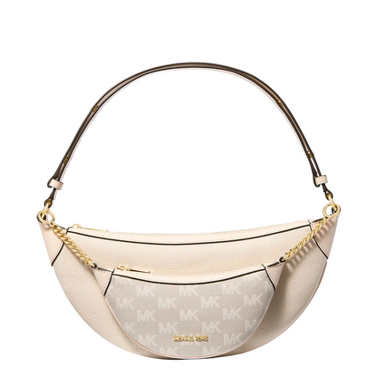 Bolsa Michael Kors Hollis Medium 2-in-1 Grain Leather and Jacquard Logo Shoulder Bag Light Cream