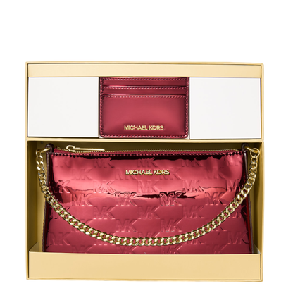 Bolsa Michael Kors Jet Set Medium Metallic Logo Debossed Pochette and Card Case Gift Set Cherry