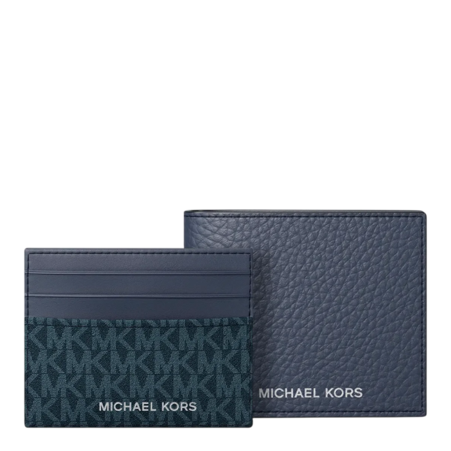 Cartera Pebbled Leather Billfold Wallet and Signature Logo Card Case Gift Set Navy