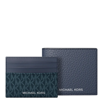 Cartera Pebbled Leather Billfold Wallet and Signature Logo Card Case Gift Set Navy