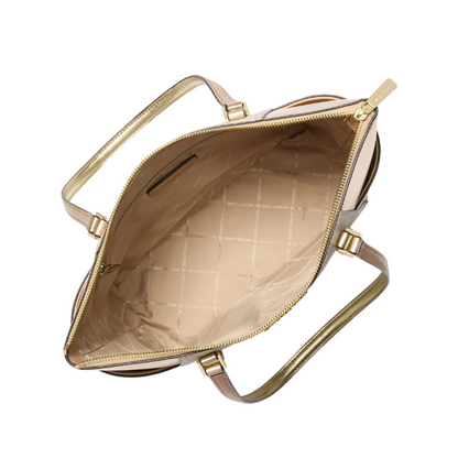 Bolsa Michael Kors Charlotte Large Logo and Metallic Top-Zip Tote Bag Pale Gold