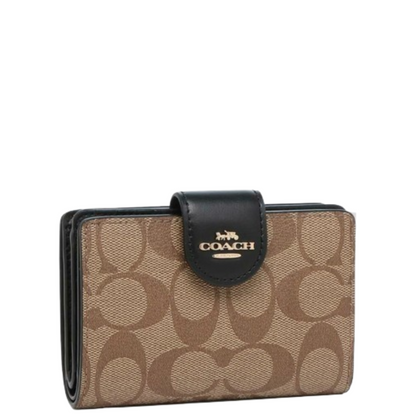 Cartera Coach Medium Corner Zip Wallet In Signature Canvas Khaki Black