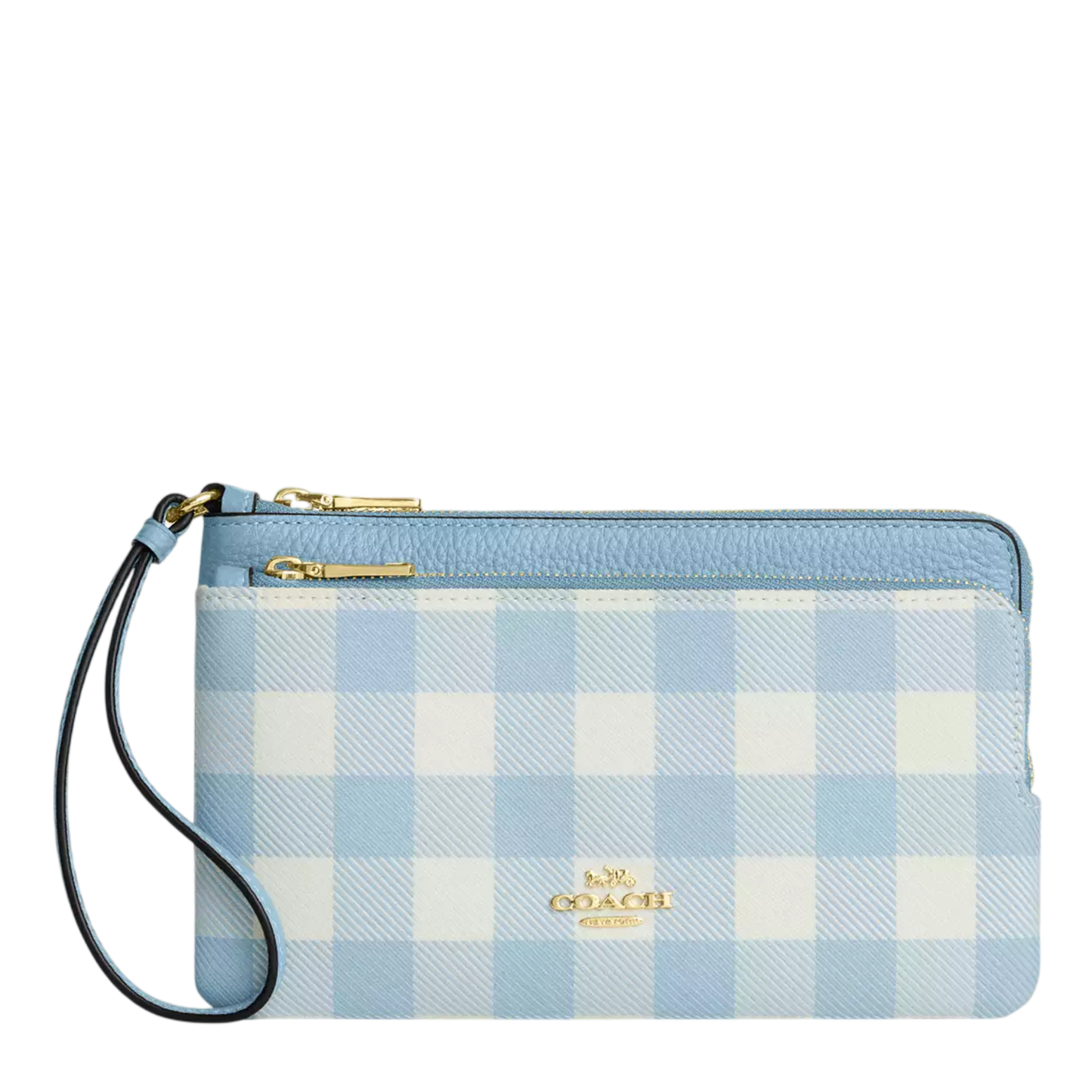 Cartera Coach Double Zip Wristlet With Gingham Print Blue Multi