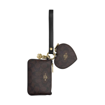 Monedero Coach Wristlet And Heart Pouch In Signature Canvas With Charm Walnut Black
