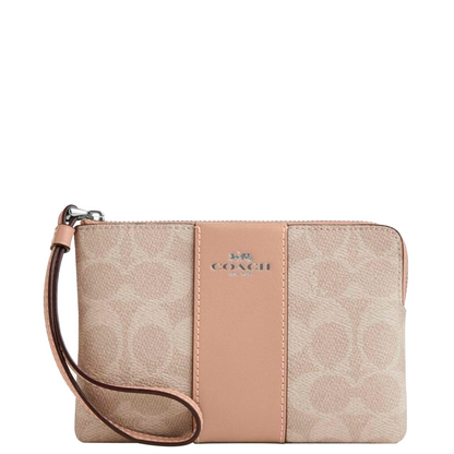 Monedero Coach Corner Zip Wristlet In Signature Canvas Sand Taupe