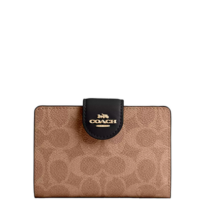 Cartera Coach Medium Corner Zip Wallet In Signature Canvas Tan Black