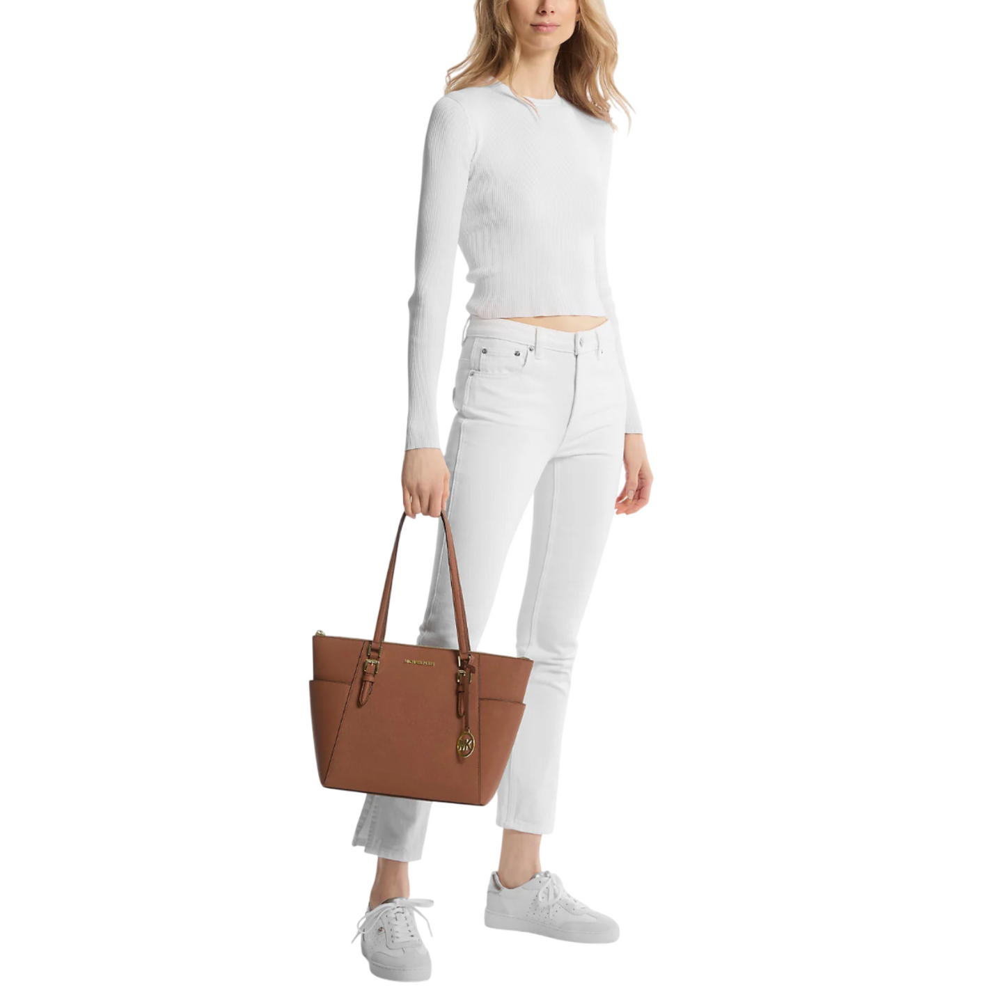 Bolsa Michael Kors Charlotte Large Saffiano Leather Top-Zip Tote Bag Luggage