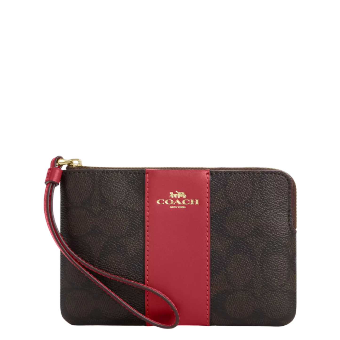 Monedero Coach Corner Zip Wristlet In Signature Canvas With Stripe Walnut True Red