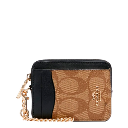 Monedero Coach Zip Card Case In Signature Canvas Khaki Black