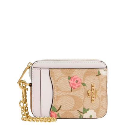 Monedero Coach Zip Card Case In Signature Canvas With Floral Print Light Khaki Chalk Multi