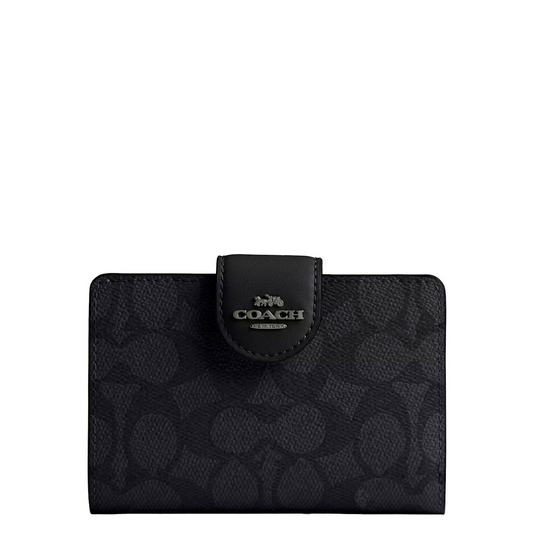 Cartera Coach Medium Corner Zip Wallet In Signature Canvas Charcoal Black