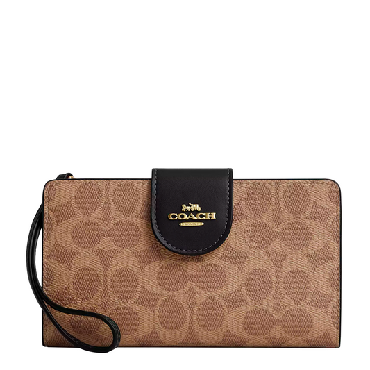 Cartera Coach Phone Wallet In Colorblock Signature Canvas Tan Black