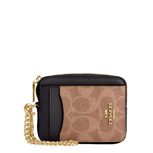 Monedero Coach Zip Card Case In Signature Canvas Tan Black