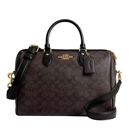 Bolsa Coach Rowan Large Satchel Bag Signature Canvas Walnut Black