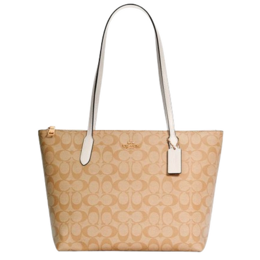 Bolsa Coach Zip Top Tote Bag In Signature Canvas Light Khaki