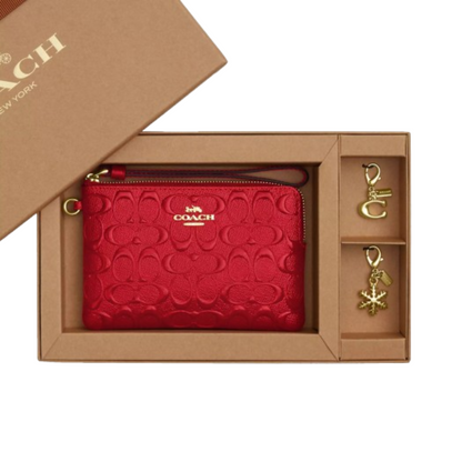 Monedero Boxed Corner Zip Wristlet In Signature Leather Electric Red