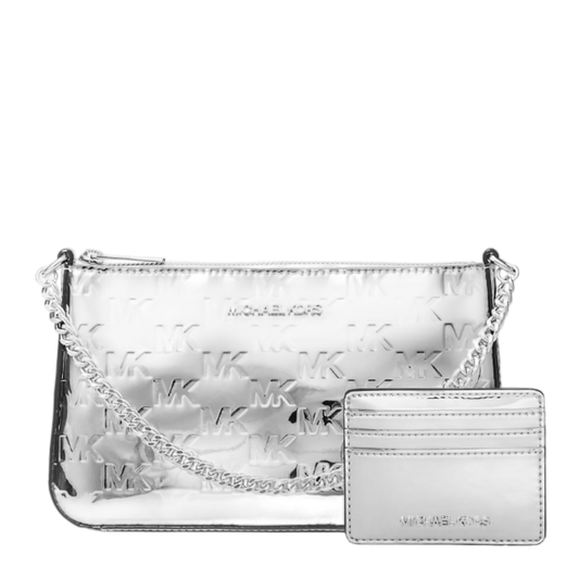 Bolsa Michael Kors Jet Set Patent Logo Debossed Pochette and Card Case Gift Set Silver