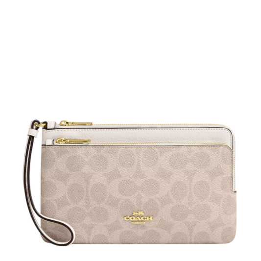 Cartera Coach Double Zip Wallet In Signature Canvas Sand Chalk