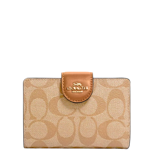 Cartera Coach Medium Corner Zip Wallet In Signature Canvas Light Khaki Saddle