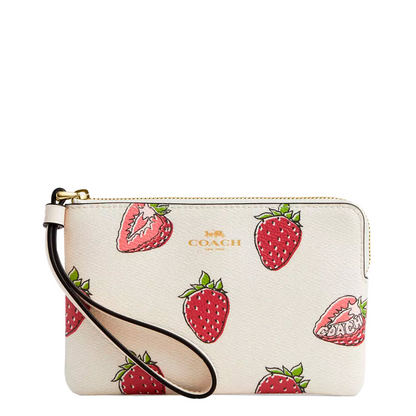 Cartera Coach Corner Zip Wristlet With Strawberry Print Chalk Multi