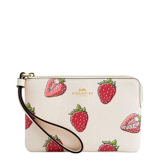 Cartera Coach Corner Zip Wristlet With Strawberry Print Chalk Multi
