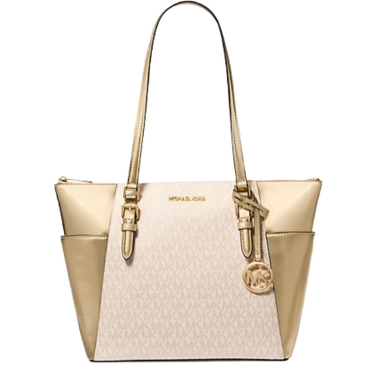 Bolsa Michael Kors Charlotte Large Logo and Metallic Top-Zip Tote Bag Pale Gold