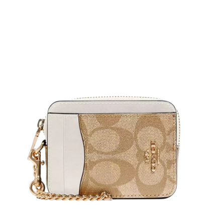 Monedero Coach Zip Card Case In Signature Canvas Light Khaki Chalk