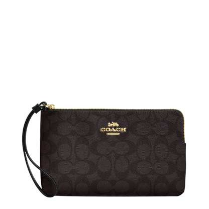 Monedero Coach Large Corner Zip Wristlet In Signature Canvas Walnut Black