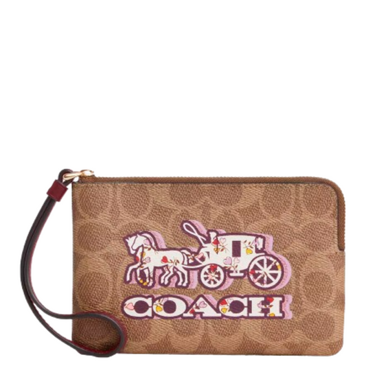 Monedero Coach Corner Zip Wristlet Signature Canvas With Horse And Carriage Print