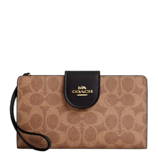 Cartera Coach Phone Wallet In Colorblock Signature Canvas Tan Black