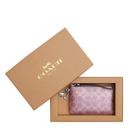 Monedero Coach Boxed Corner Zip Wristlet In Signature Canvas With Charms Pink Rose