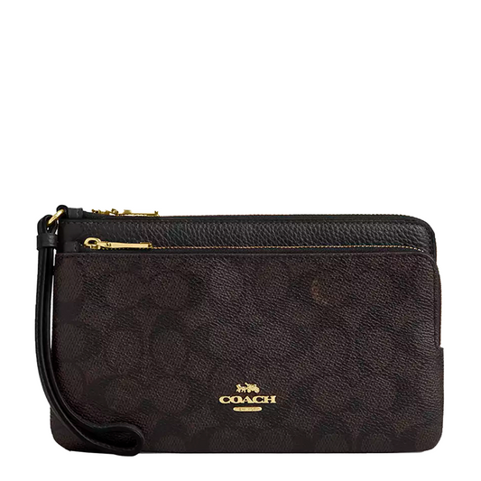 Monedero Coach Double Zip Wallet In Signature Canvas Brown Black