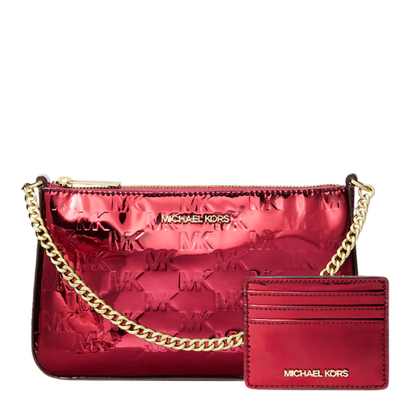 Bolsa Michael Kors Jet Set Medium Metallic Logo Debossed Pochette and Card Case Gift Set Cherry