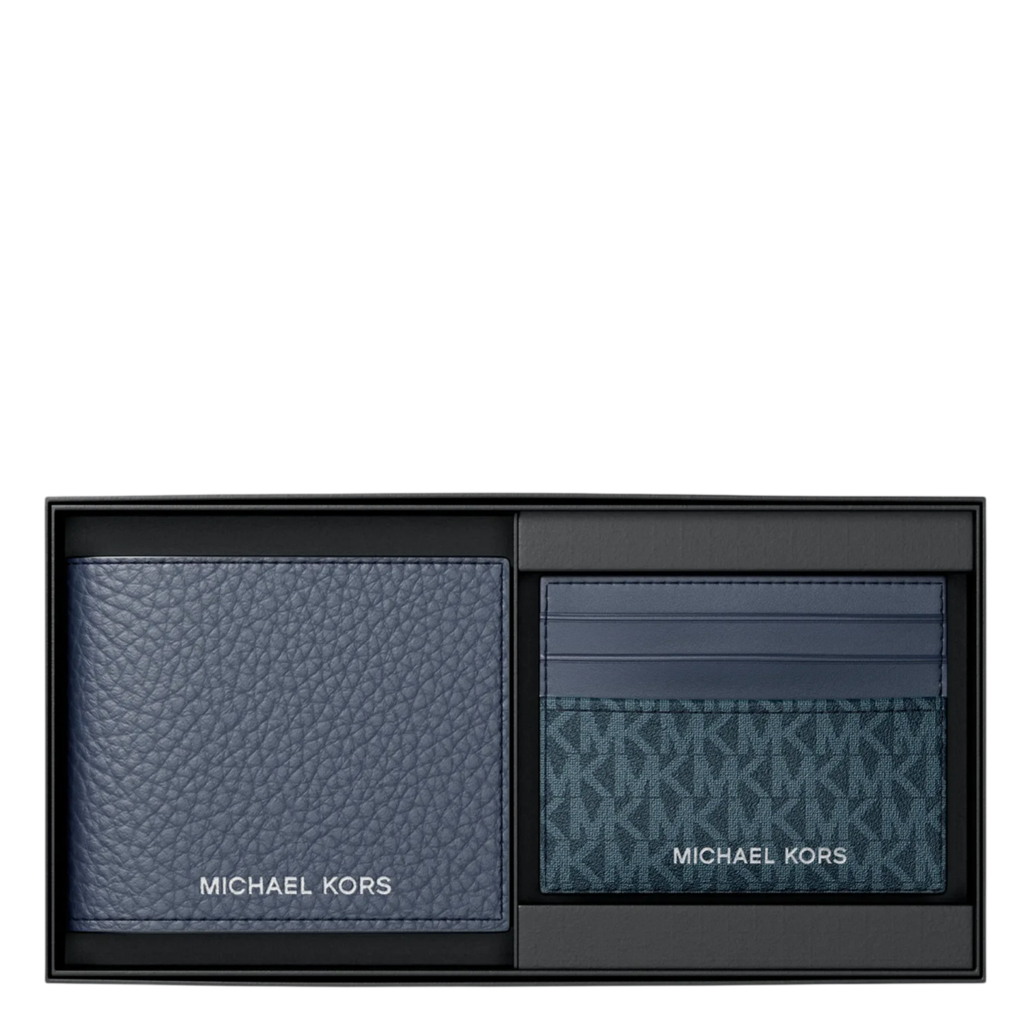 Cartera Pebbled Leather Billfold Wallet and Signature Logo Card Case Gift Set Navy