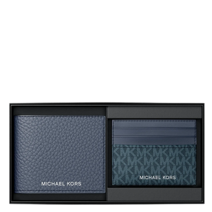 Cartera Pebbled Leather Billfold Wallet and Signature Logo Card Case Gift Set Navy
