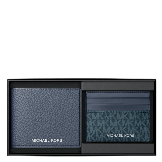 Cartera Pebbled Leather Billfold Wallet and Signature Logo Card Case Gift Set Navy